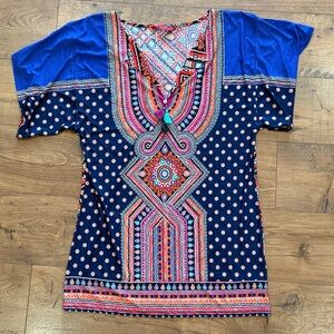 Tigerlily Rabari Mini Dress Womens Medium M Kaftan Short Sleeve Tassel Cover Up